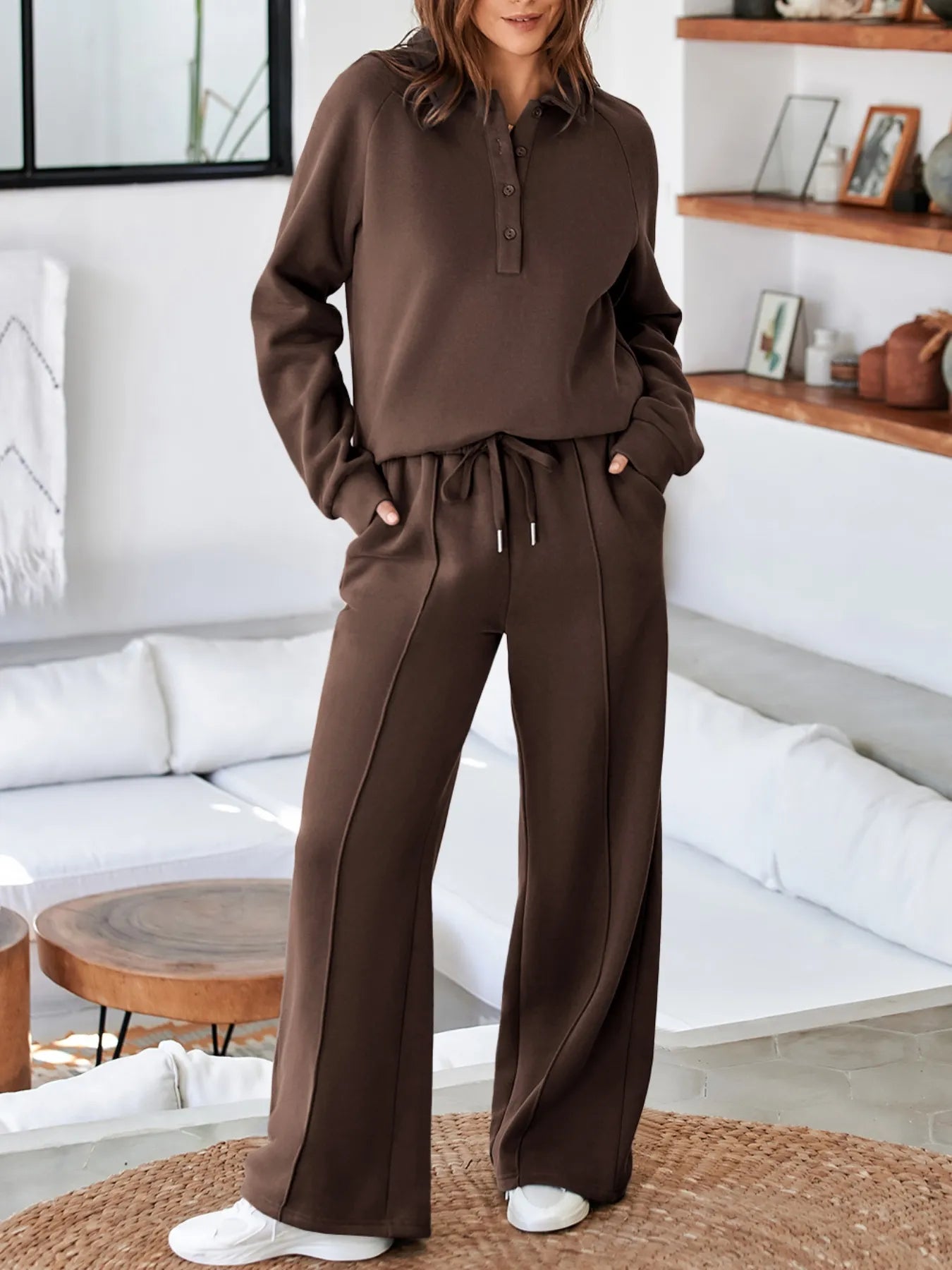 Trendsi Collared Sweatshirt & High Waist Pants Two-Piece Active Set featuring a model wearing stylish brown activewear set, perfect for comfort and versatility.