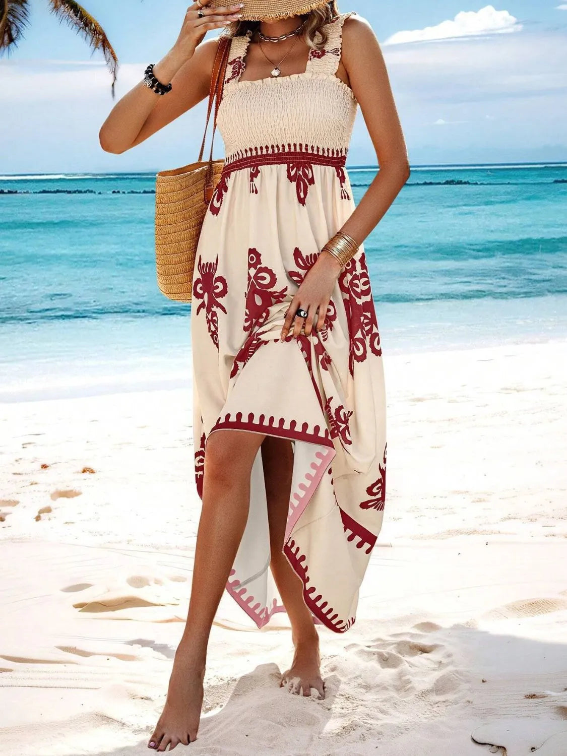 Trendsi Smocked Printed Maxi Dress with Wide Straps - Elegant Opaque, Non-Stretch Design, beautifully showcased on the beach with turquoise waters and a relaxed summer vibe.