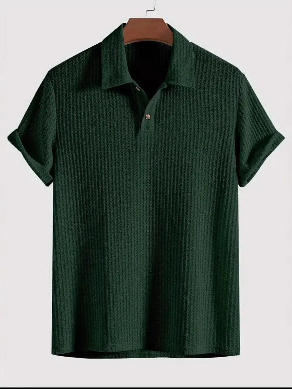 Men's Short Sleeve Polo Shirt with Waffle-Knit Texture in dark green color, designed with a collared neck and crafted from 100% polyester for a comfortable fit.