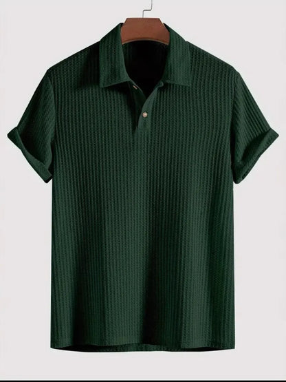 Men's Short Sleeve Polo Shirt with Waffle-Knit Texture in dark green color, designed with a collared neck and crafted from 100% polyester for a comfortable fit.