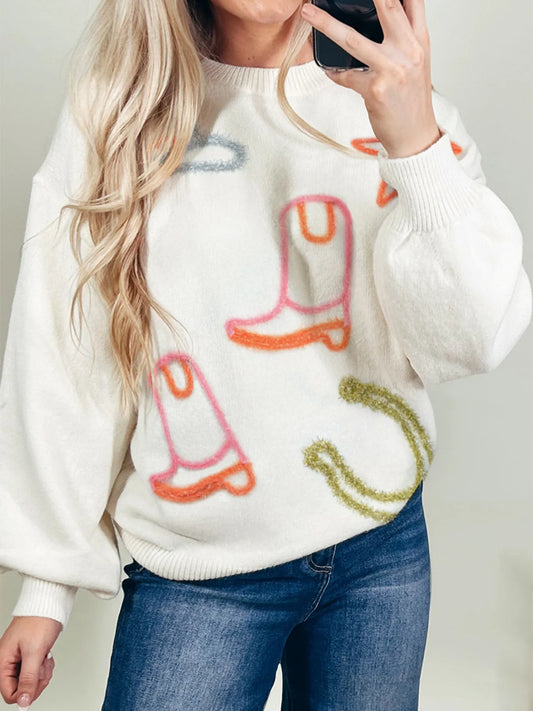 Western Style Knit Crew Neck Sweater with Horseshoe Star & Slightly Stretchy Fabric, featuring colorful designs like boots and a horseshoe, worn by a model with long hair.