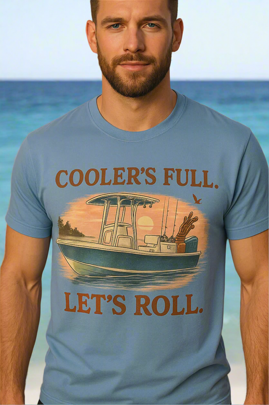Men's & Women's Durable Cotton Full Tee featuring a graphic design of a boat with the text 'COOLER'S FULL. LET'S ROLL.' Perfect for casual outings.