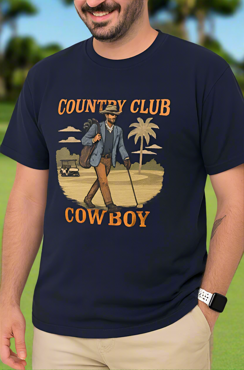 Country Club Cowboy Graphic Tee modeled by a man outdoors, featuring vibrant colors and a unique design, perfect for casual wear.