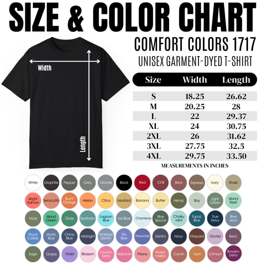 Size and color chart for the Brunch Babe Tarot Graphic Tee, outlining available sizes and color options to assist customers in making informed choices.