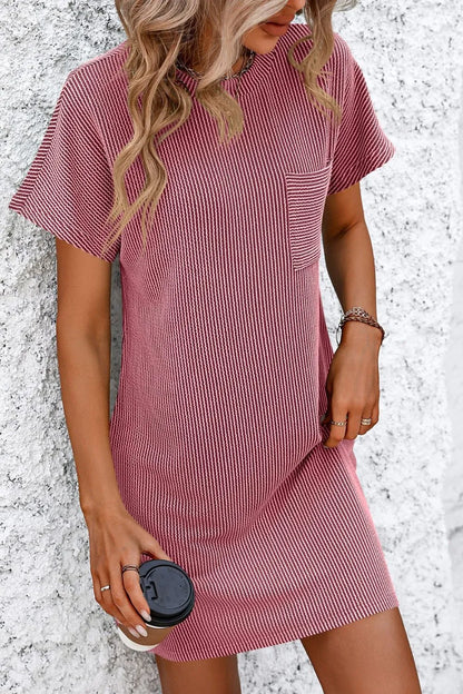 Mandy Ribbed Striped Mini Tee Dress with Pockets in pink, short sleeve design with a front pocket, made from opaque stretchy material perfect for a laid-back style.