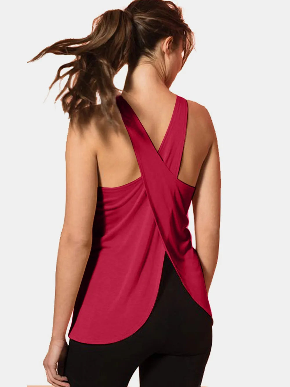 Back view of the Crisscross Scoop Neck Tank Top for Active Wear in red, showcasing the unique crisscross straps and soft fabric ideal for movement.