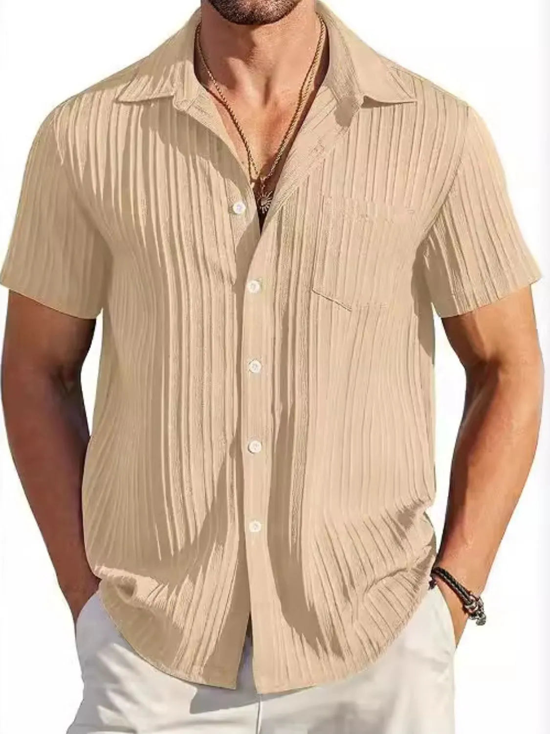 Men's Plus Size Short Sleeve Button-Up Shirt in beige with a textured look, combining style and comfort for everyday wear.