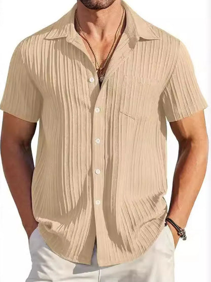 Men's Plus Size Short Sleeve Button-Up Shirt in beige with a textured look, combining style and comfort for everyday wear.