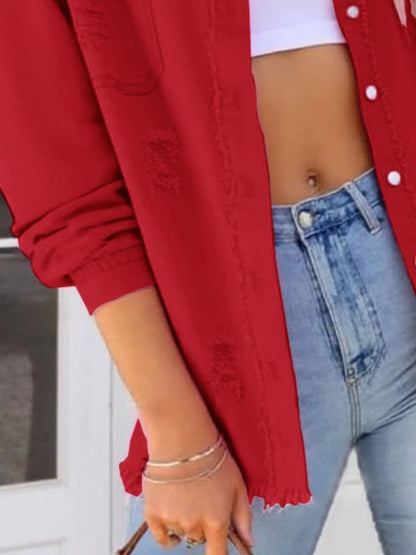 Side view of the Oversized Distressed Denim Jacket with Frayed Edges and Buttoned Pockets in red, featuring a relaxed fit ideal for trendy outfits.