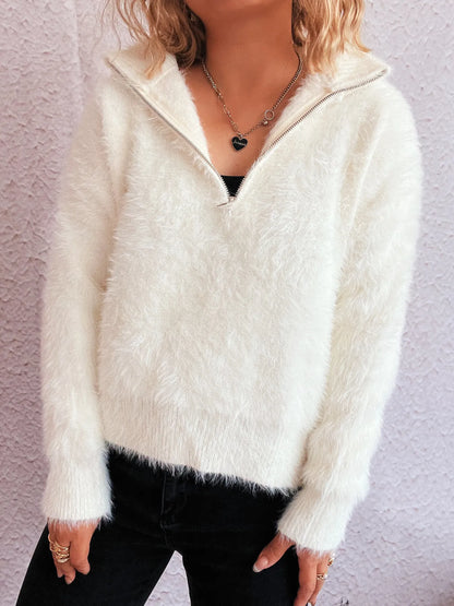Close-up of the Cozy Fuzzy Half-Zip Sweater for Women, highlighting the zipper detail and fluffy material, ideal for a cozy look.