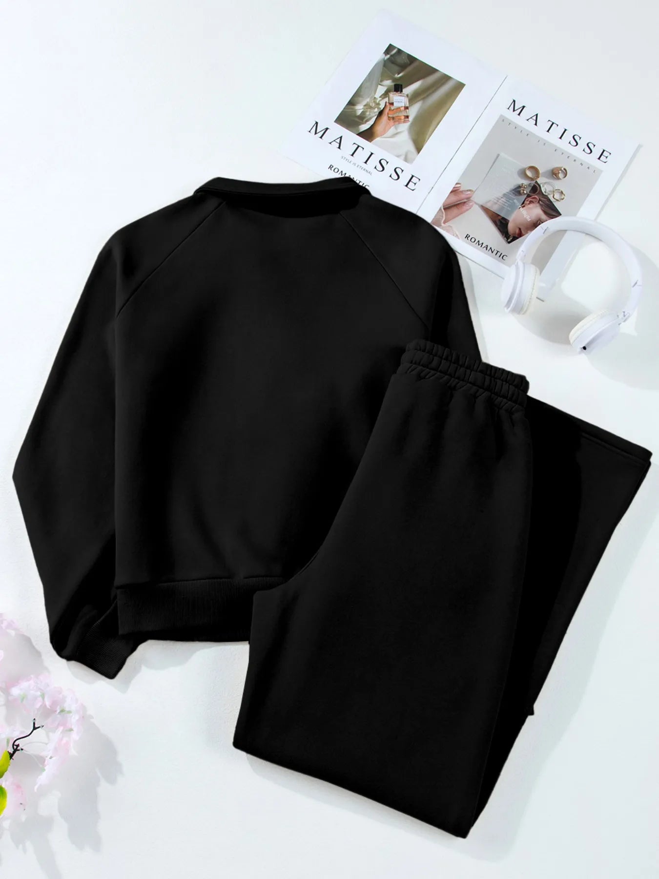 Back view of black Trendsi Collared Sweatshirt & High Waist Pants Two-Piece Active Set, displaying a cozy and stylish outfit arrangement.