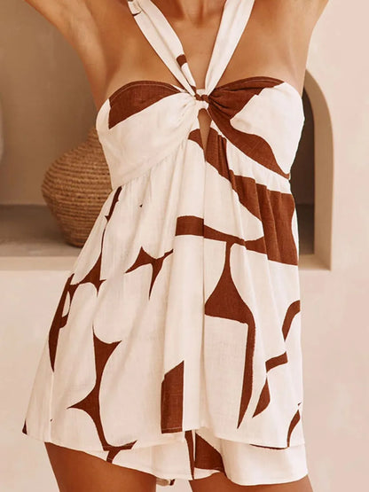 Twisted Cutout Sweetheart Neck Cami Top - Ruched Design, showcasing a stylish two-tone pattern with a knotted front, perfect for a chic summer look.
