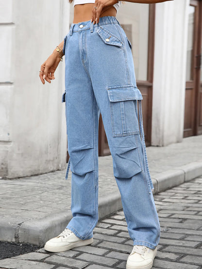 Side view of High Waisted Cargo Pocket Jeans on a model, featuring a relaxed fit and stylish design with cargo pockets.
