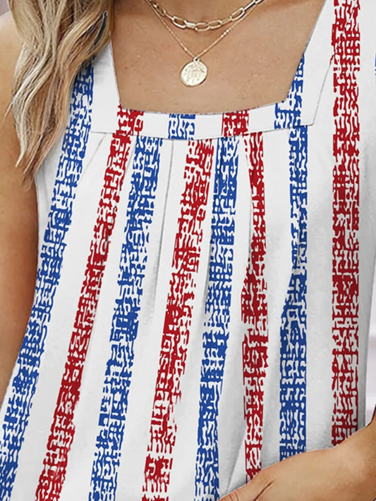 Close-up view of the Trendy Striped Square Neck Tank Top for Women, showcasing intricate red and blue stripe design, ideal for stylish summer fashion.