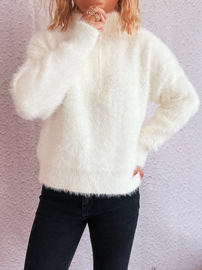 Front view of the Cozy Fuzzy Half-Zip Sweater for Women in white, showcasing its soft texture and relaxed style, great for everyday outfits.