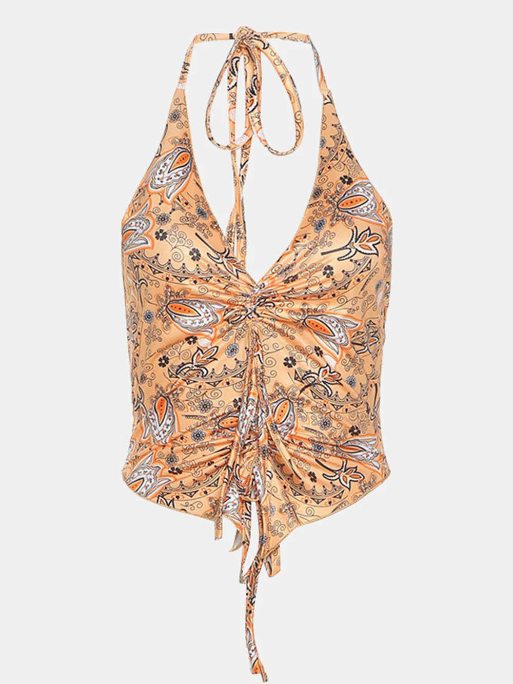 Front view of the Trendy Printed Halter Neck Cami Top, showcasing intricate prints and a tied feature, emphasizing its stylish and comfortable design.