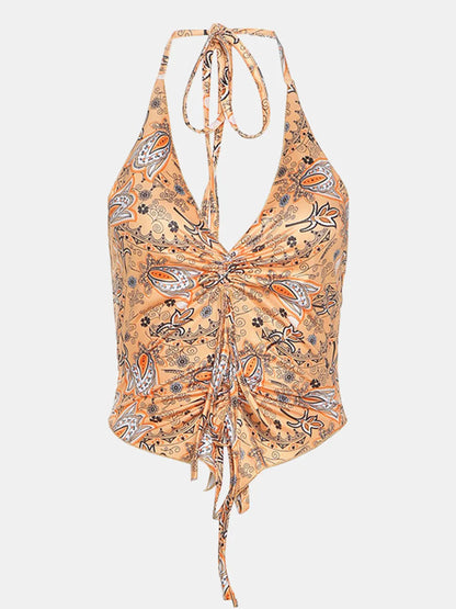 Front view of the Trendy Printed Halter Neck Cami Top, showcasing intricate prints and a tied feature, emphasizing its stylish and comfortable design.