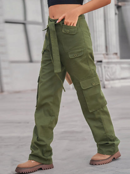 High-Waisted Multi-Pocket Cargo Jeans in olive green, highlighting side pockets and a relaxed fit, ideal for casual wear.