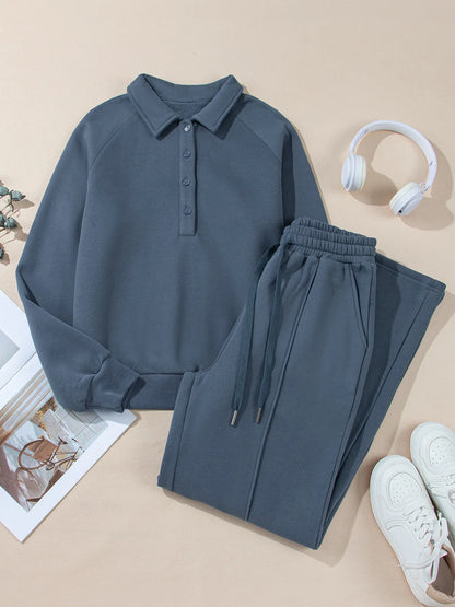 Flat lay of the Trendsi Collared Sweatshirt & High Waist Pants Two-Piece Active Set - Soft Cotton Blend with stylish white sneakers and headphones, perfect for an active lifestyle.