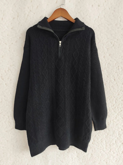 Cozy Cable-Knit Texture Zip Collar Long Sleeve Sweater in black, displayed on a hanger, emphasizing its elegant style.