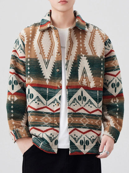 Men's Plus Size Button Down Shirt with Pocket - Oversized, 68% Cotton, No Stretch; front view emphasizing the eye-catching tribal pattern and comfortable fit.
