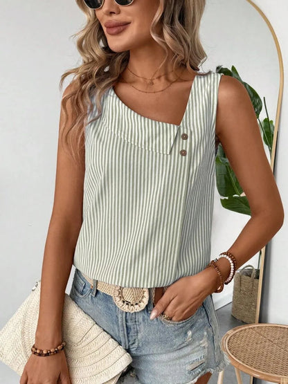 Casual outfit featuring the Asymmetrical Striped Tank with Decorative Buttons for Women, highlighting its chic design paired with shorts.