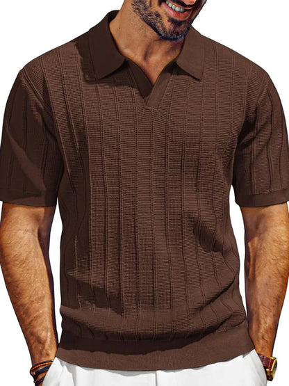 Men's Plus Size Short Sleeve Polo with Textured Collared Neck in brown - 100% Polyester, Slightly Stretchy, adds a modern touch to any wardrobe.