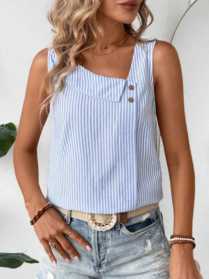 Fashionable Asymmetrical Striped Tank with Decorative Buttons for Women, highlighting its trendy design and light blue stripes, perfect for pairing with shorts. Made from 100% polyester.