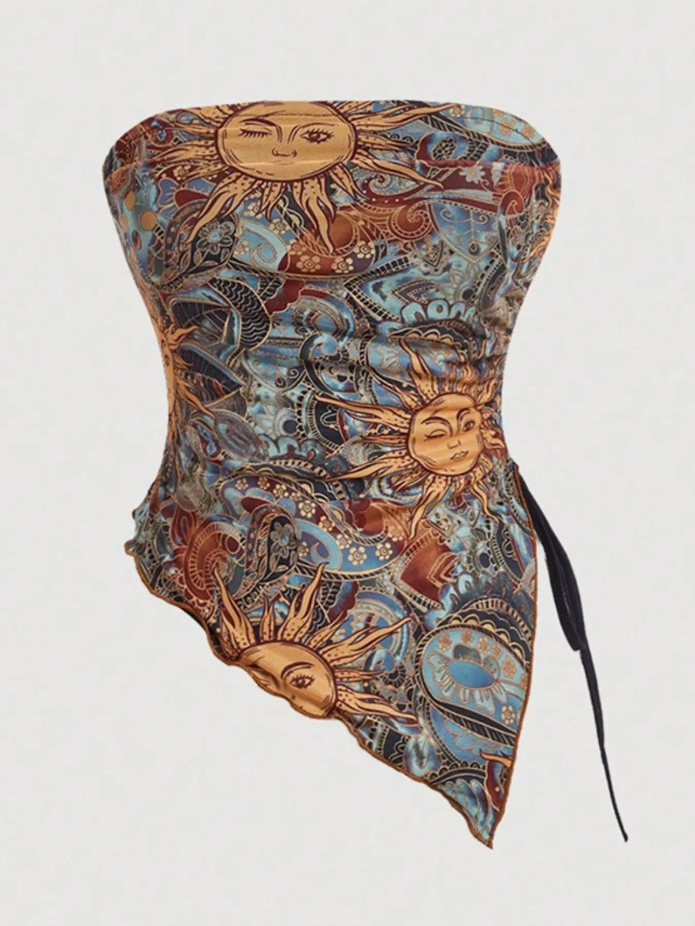 Trendsi Asymmetrical Drawstring Printed Tube Top with a vibrant sun and celestial pattern, designed for trendy women's fashion. Ruched with slight stretch for comfort.