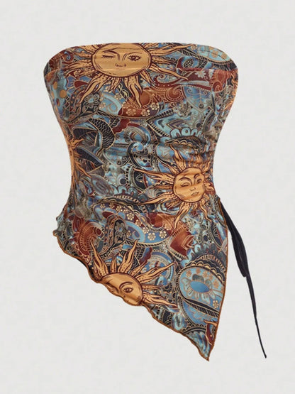 Trendsi Asymmetrical Drawstring Printed Tube Top with a vibrant sun and celestial pattern, designed for trendy women's fashion. Ruched with slight stretch for comfort.