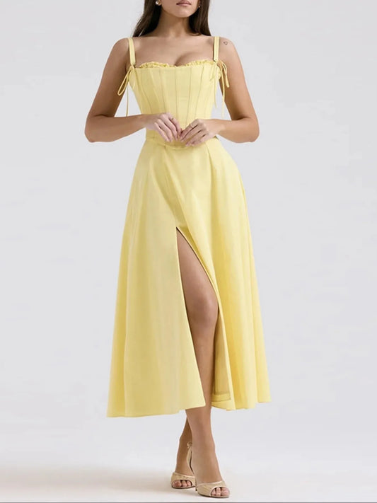 Trendy Slit Sleeveless Midi Dress with Zip Back in yellow, showcasing a stylish thigh-high slit and elegant frill detailing, perfect for summer occasions.
