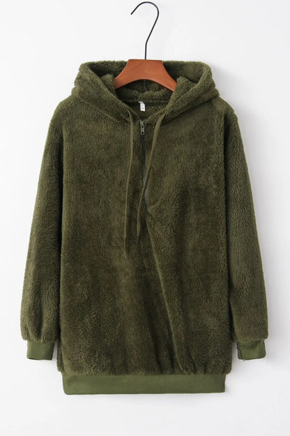 Cozy Full Size Teddy Hoodie with Quarter-Zip and Drawstring shown in olive green color, featuring soft texture and relaxed fit, suitable for everyday comfort.