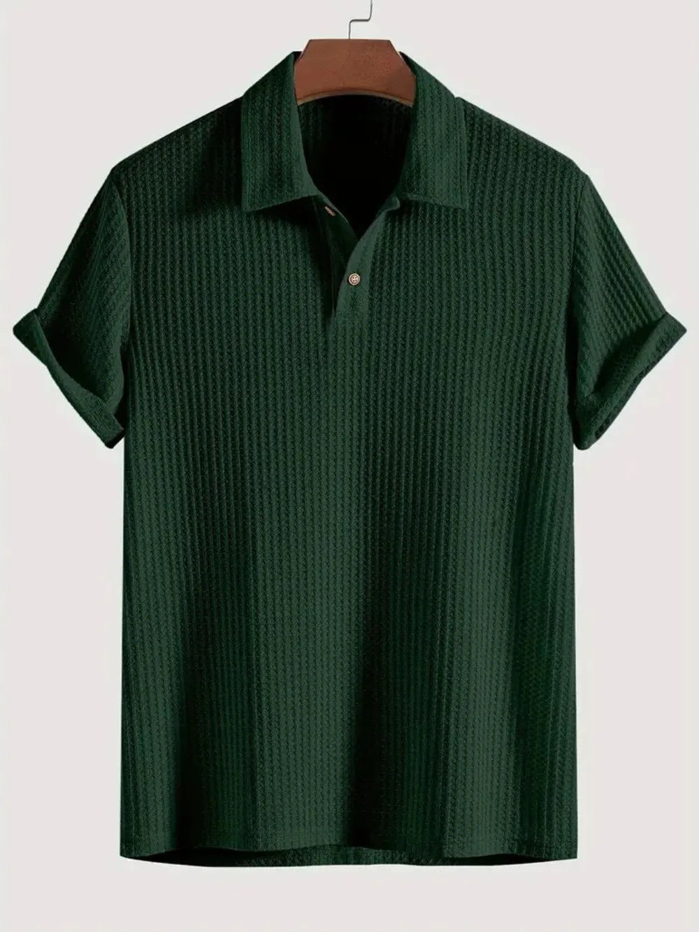 Men's Short Sleeve Polo Shirt with Waffle-Knit Texture in Dark Green, Collared Neck, 100% Polyester, Perfect for All Occasions.
