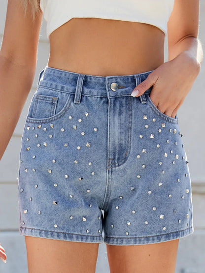 Front view of Rhinestone Washed High Waist Denim Shorts embellished with sparkling rhinestones, perfect for summer styles.