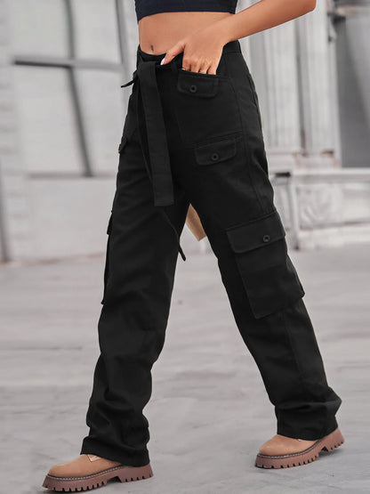 Stylish high-waisted multi-pocket cargo jeans featuring a belted design, perfect for a trendy urban look.