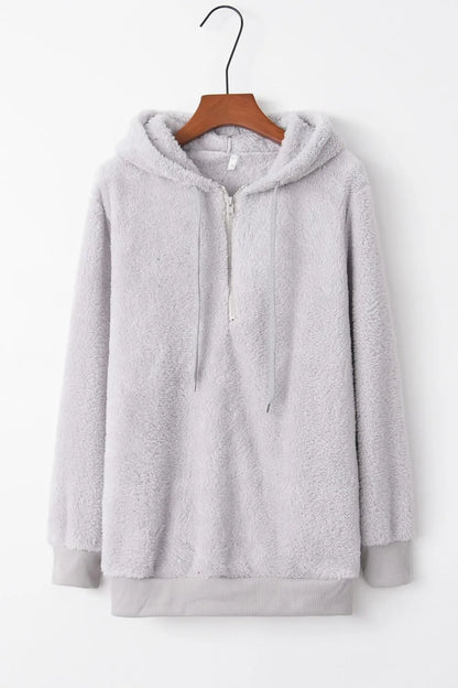 Cozy Full Size Teddy Hoodie with Quarter-Zip and Drawstring, Opaque & Slightly Stretchy, 100% Polyester, displayed on a hanger with a soft texture.