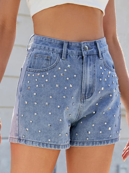 Side view of Rhinestone Washed High Waist Denim Shorts with rhinestone embellishments, ideal for a trendy outfit.