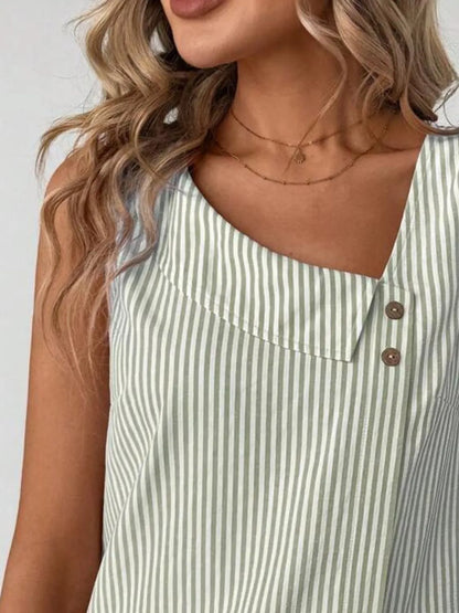 Side view of the Asymmetrical Striped Tank with Decorative Buttons for Women, showcasing its flattering cut and comfortable fit.