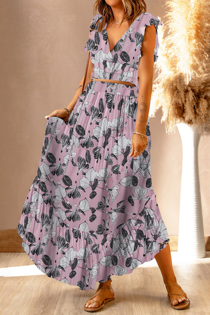 Floral Print Tie-Back Cropped Top & Maxi Skirt Set - Chic Summer Outfit worn by a model in pink with a striking butterfly print, capturing the feminine essence of summer apparel.