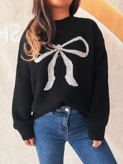 Front view of the Stylish Bow Pattern Casual Long Sleeve Sweater for Effortless Everyday Wear, showcasing its unique bow graphic and relaxed fit.