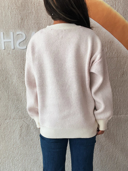 Stylish Bow Pattern Casual Long Sleeve Sweater for Effortless Everyday Wear, featuring the back view of a light pink sweater, perfect for layering during casual outings.