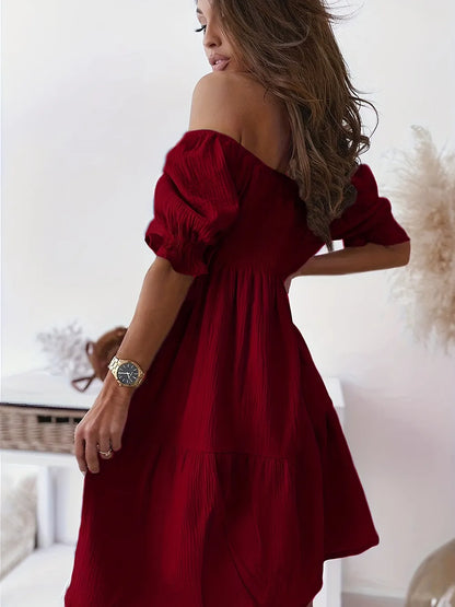 Full Size Ruffled Off-Shoulder Dress with Short Sleeves - Stretchy, Chic & Ruched Design in deep red, highlighting the back view of a model.