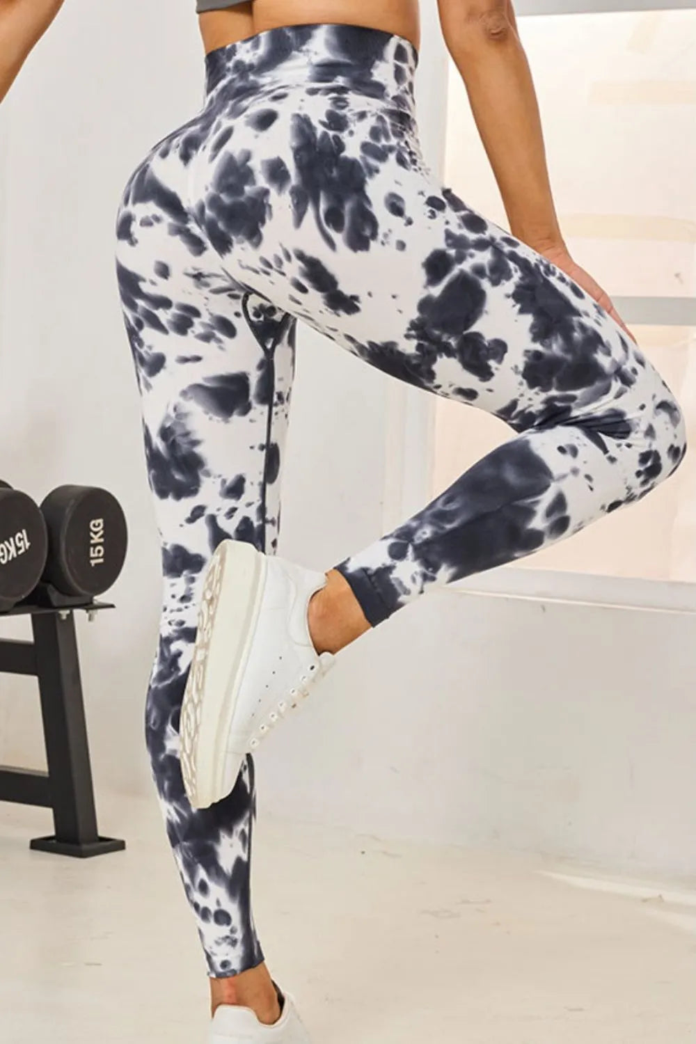 Slightly Stretchy Tie-Dye High Waist Active Leggings showcasing a stylish design, made of 90% nylon and 10% spandex, perfect for workouts and casual wear.