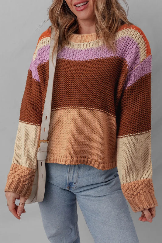 Stylish Colorblock Striped Sweater with Round Neck - Model wearing a cozy, multi-colored knit sweater, showcasing a blend of brown, purple, and cream stripes.