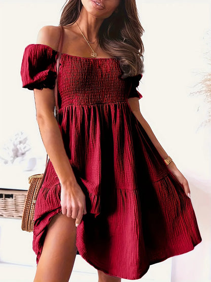 Fashionable full size ruffled off-shoulder dress with short sleeves in rich red, designed for a trendy appearance with a stylish slit.