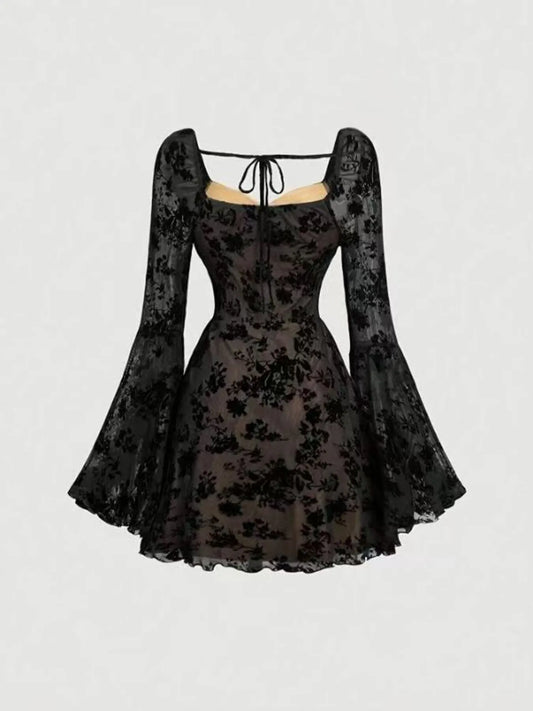 Chic Women's Lace Flare Sleeve Mini Dress with Tied Detail, showcasing a captivating lace overlay and flattering silhouette, ideal for day or night wear.