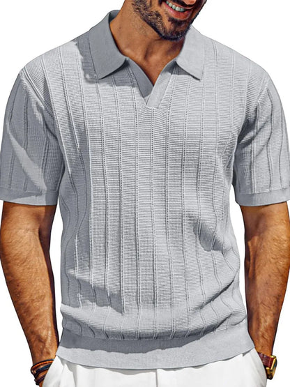 Men's Plus Size Short Sleeve Polo with Textured Collared Neck in grey color - crafted from 100% polyester, featuring a slightly stretchy design for comfort and style.
