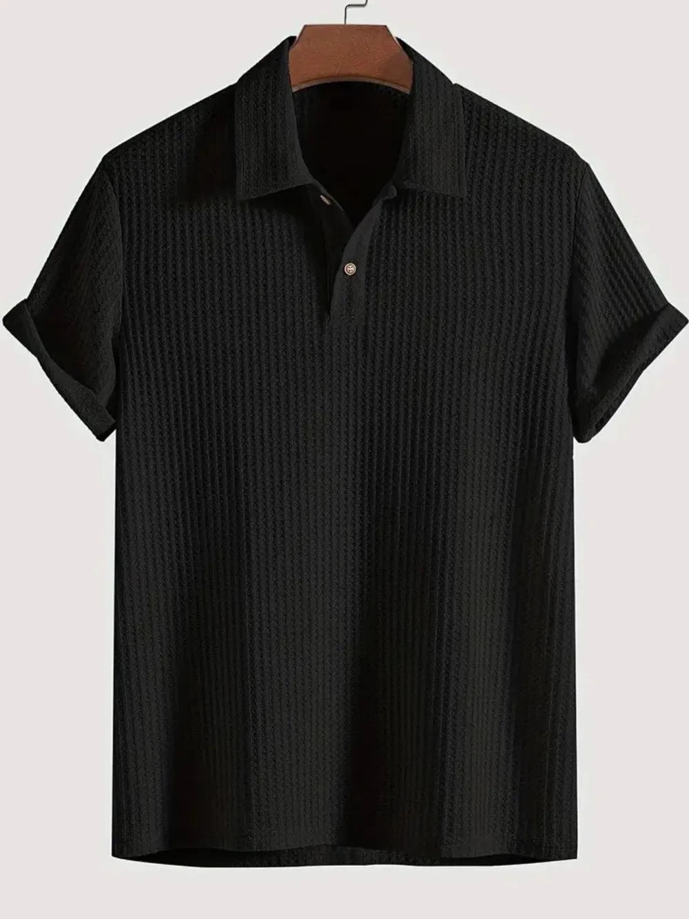 Men's Short Sleeve Polo Shirt with Waffle-Knit Texture in Black, Collared Neck, 100% Polyester, Ideal for Versatile Styling.