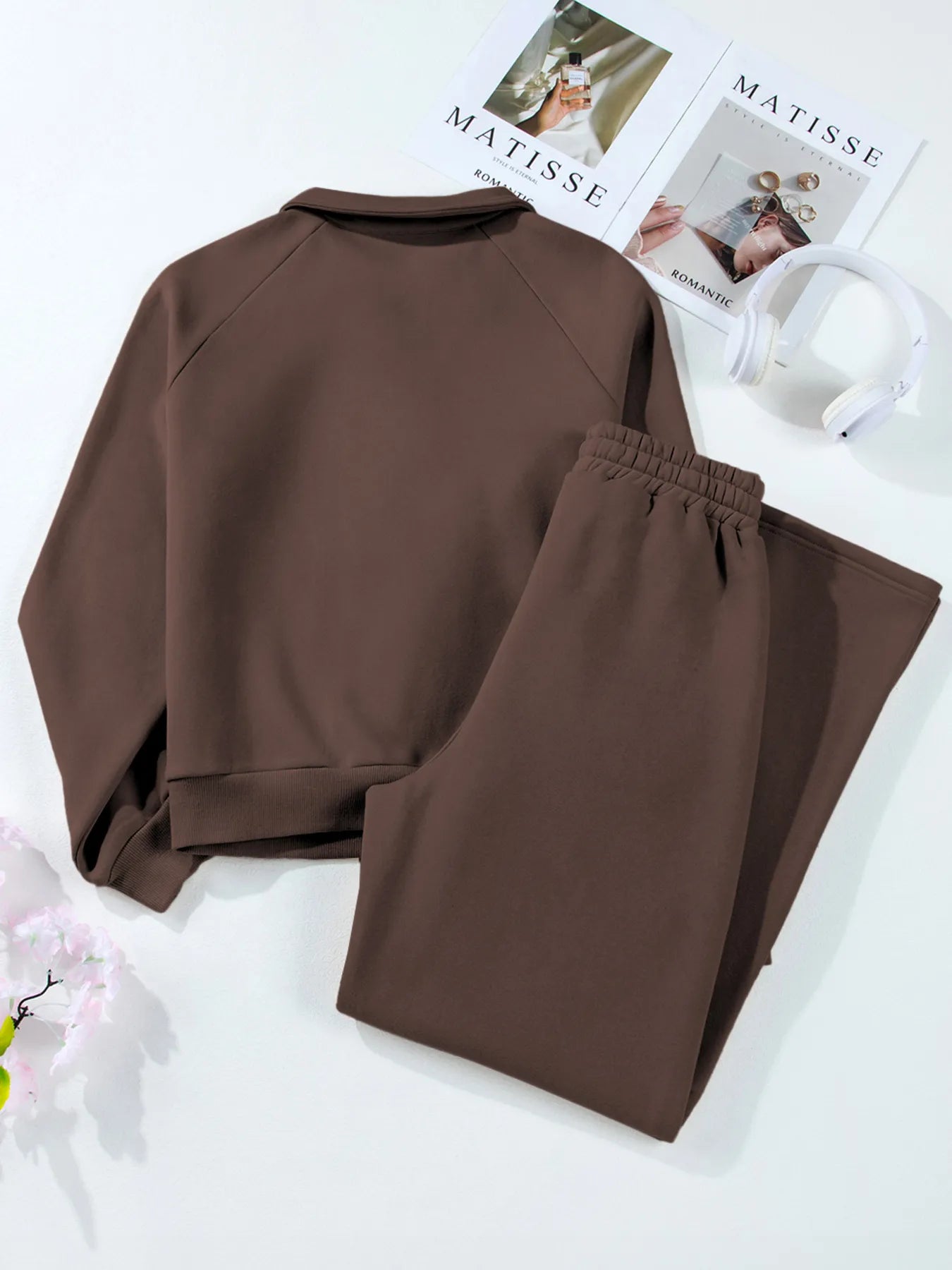 Trendsi Collared Sweatshirt & High Waist Pants Two-Piece Active Set shown from above, emphasizing the brown color and comfortable design of the sweatshirt and pants.