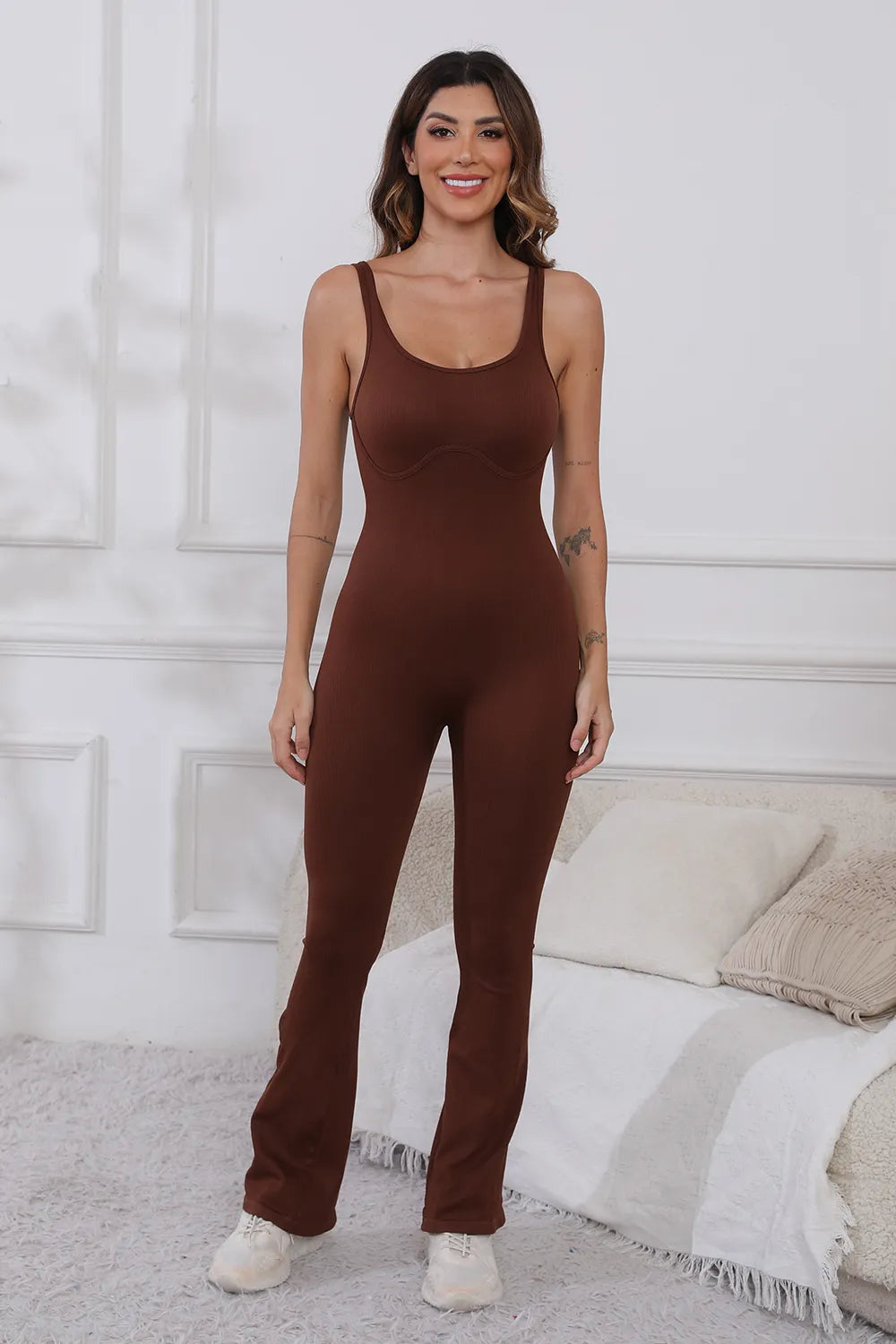Front view of the brown Scoop Neck Wide Strap Active Jumpsuit with Moderate Stretch, perfect for stylish fitness wear and casual outings.